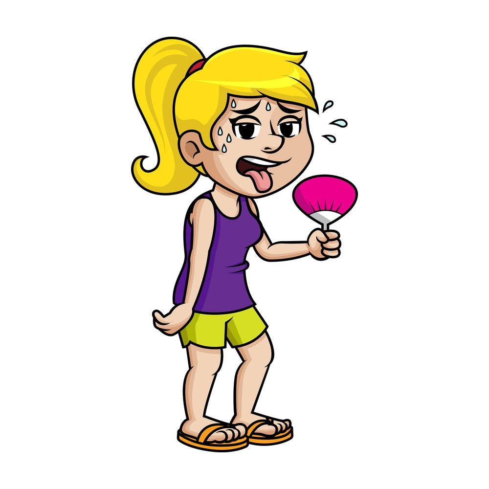 Sweating girl with hand-held fan. PNG - JPG and vector EPS (infinitely scalable).