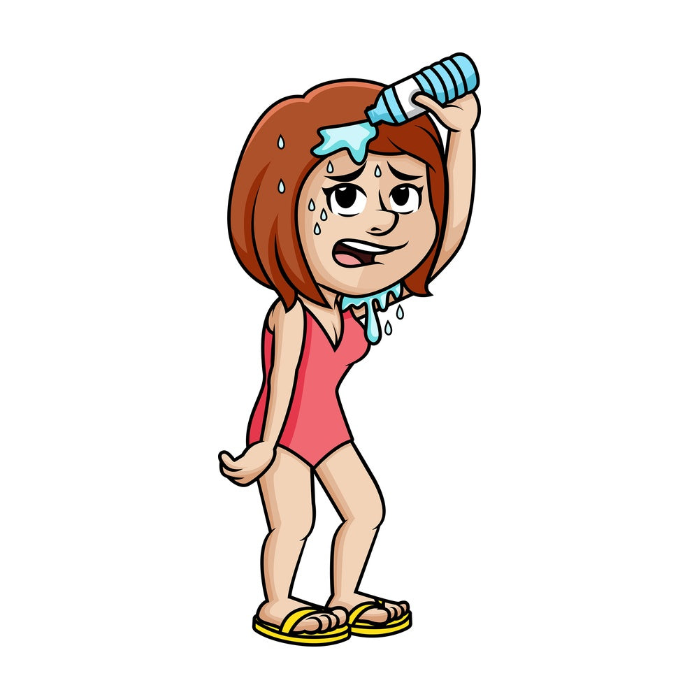 Girl trying to beat the summer heat by pouring water on her head. PNG - JPG and vector EPS.