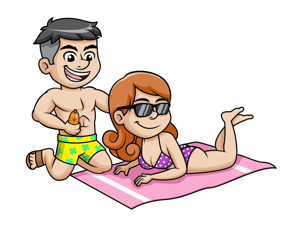 Husband applying sunscreen to wife on the beach. PNG - JPG and vector EPS file formats.