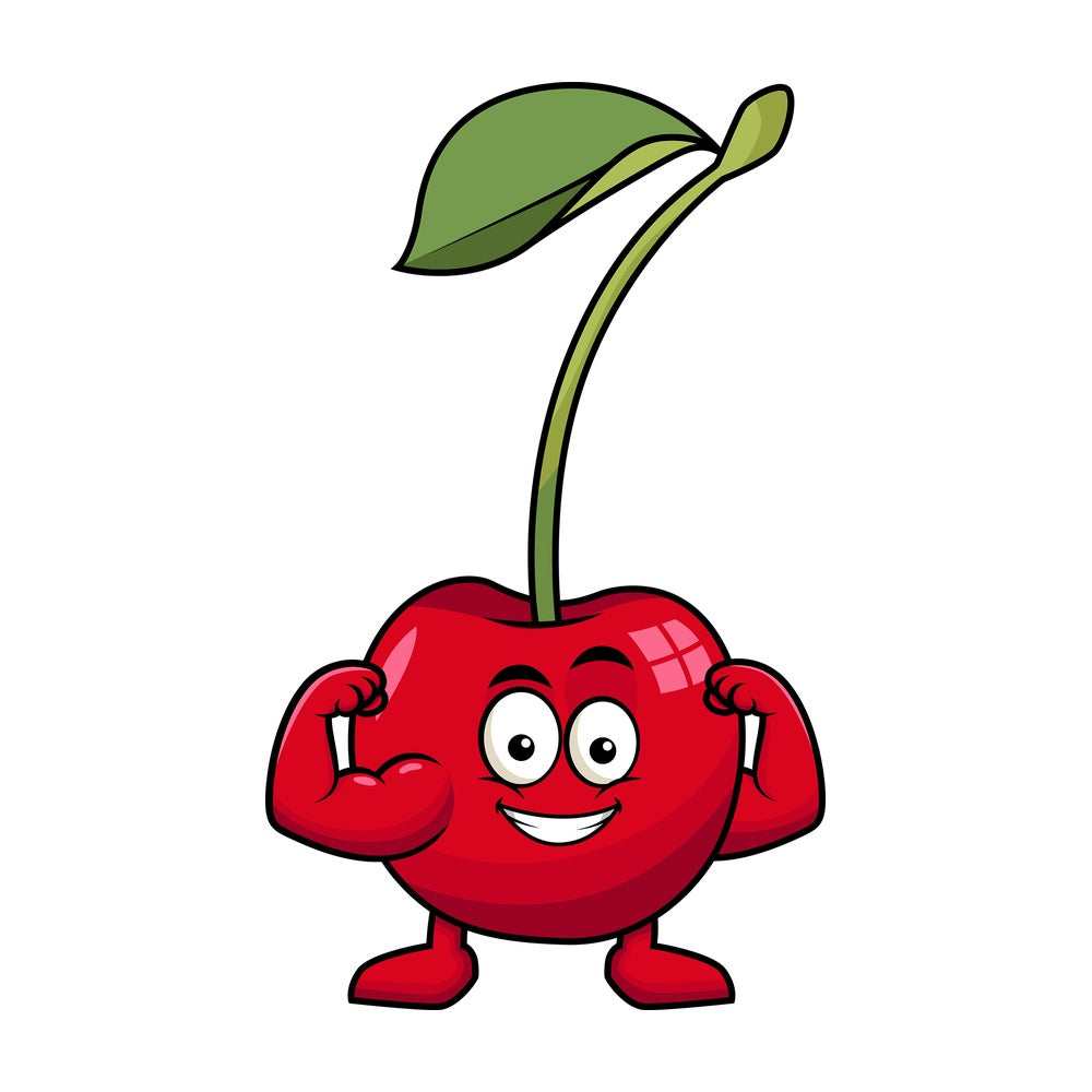 Cherry cartoon character flexing muscles. PNG - JPG and vector EPS (infinitely scalable). Image isolated on transparent background.