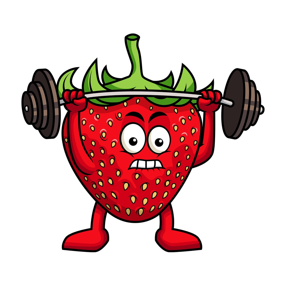 Strawberry cartoon character lifting weights. PNG - JPG and vector EPS (infinitely scalable). Image isolated on transparent background.