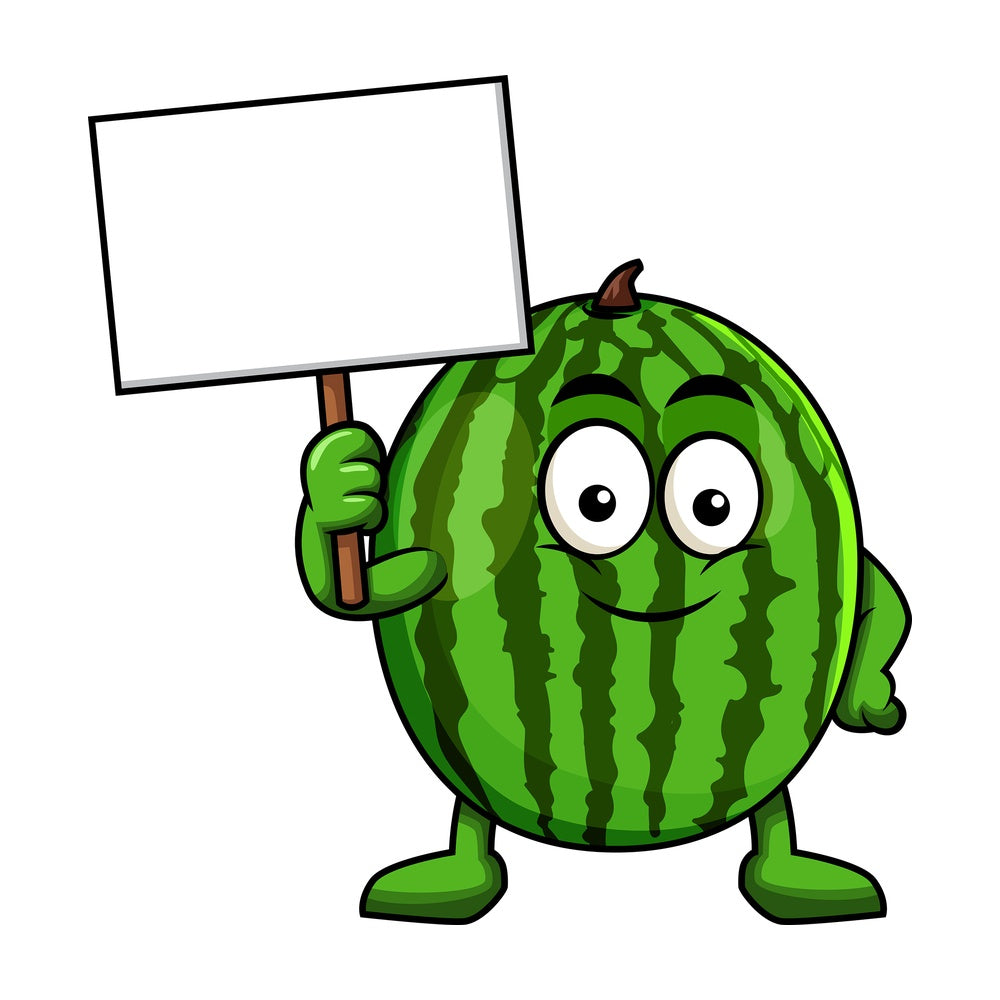 Watermelon cartoon character holding blank sign. PNG - JPG and vector EPS (infinitely scalable). Image isolated on transparent background.