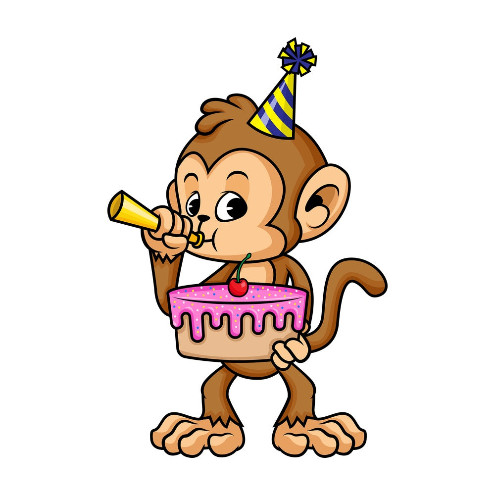 Monkey cartoon character holding birthday cake. PNG - JPG and vector EPS (infinitely scalable).