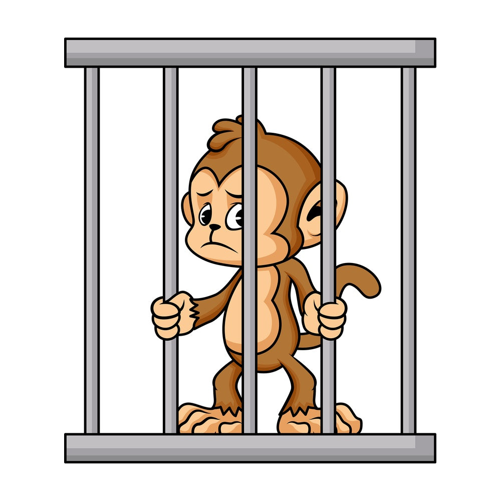Monkey cartoon behind prison bars. PNG - JPG and vector EPS (infinitely scalable).