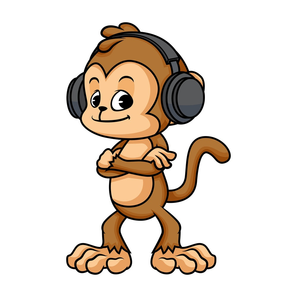 Monkey cartoon wearing headphones. PNG - JPG and vector EPS (infinitely scalable)