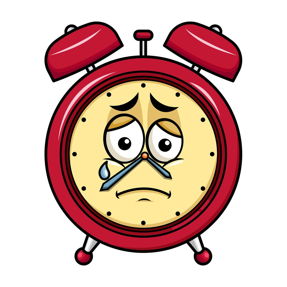 Teared up sad alarm clock emoticon. PNG - JPG and vector EPS file formats (infinitely scalable). Image isolated on transparent background.