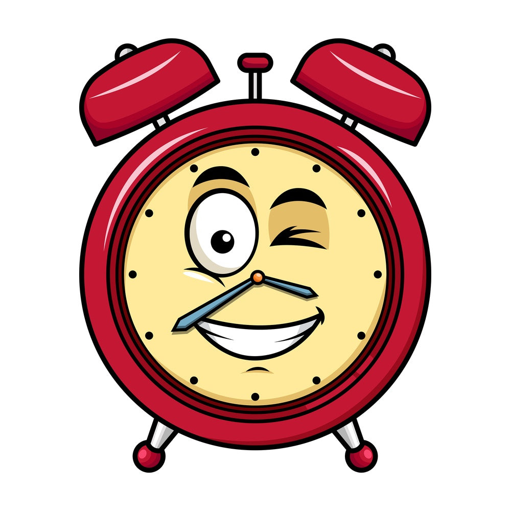 Winking and smiling alarm clock emoticon. PNG - JPG and vector EPS file formats (infinitely scalable). Image isolated on transparent background.