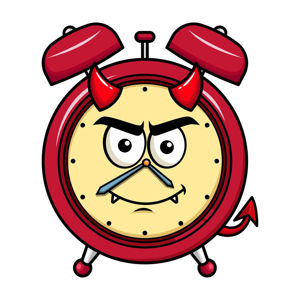 Crafty devil alarm clock emoticon. PNG - JPG and vector EPS file formats (infinitely scalable). Image isolated on transparent background.