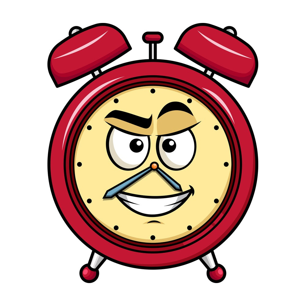 Cunning evil face alarm clock emoticon. PNG - JPG and vector EPS file formats (infinitely scalable). Image isolated on transparent background.