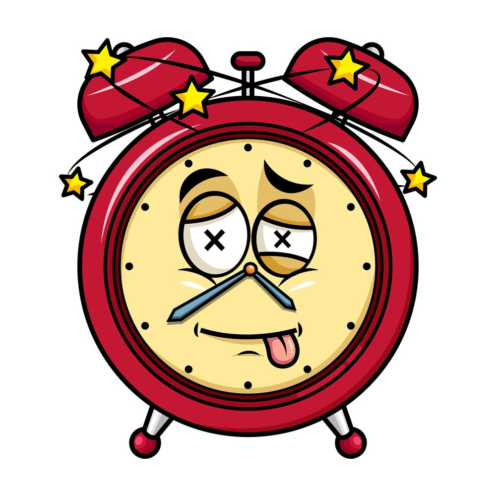 Beaten up alarm clock emoticon. PNG - JPG and vector EPS file formats (infinitely scalable). Image isolated on transparent background.