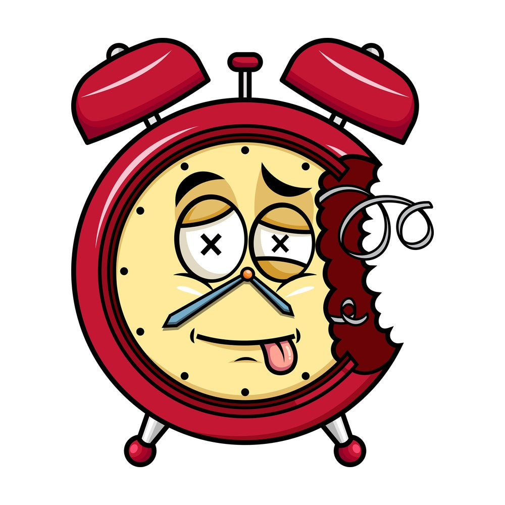 Broken down alarm clock emoticon. PNG - JPG and vector EPS file formats (infinitely scalable). Image isolated on transparent background.