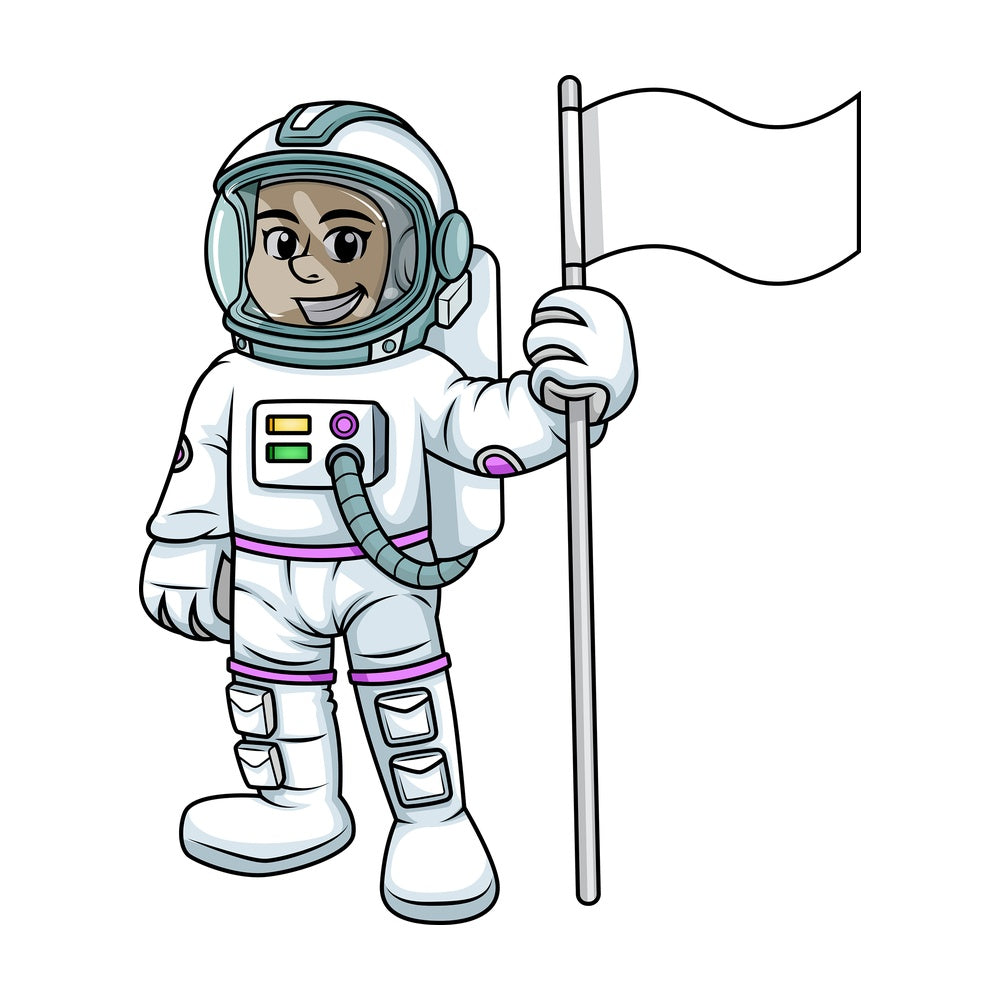 Female cosmonaut holding flag. PNG - JPG and vector EPS (infinitely scalable). Image isolated on transparent background.
