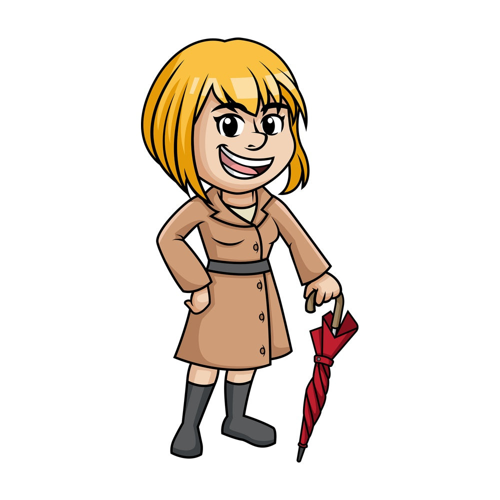 Girl wearing winter coat and holding closed umbrella. PNG - JPG and vector EPS (infinitely scalable).
