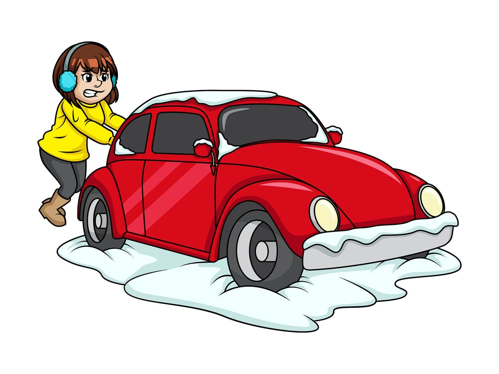 Girl pushing car out of snow. PNG - JPG and vector EPS (infinitely scalable).