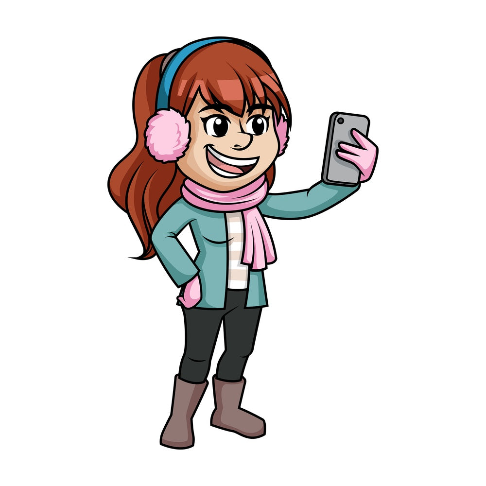 Cute girl taking winter selfie. PNG - JPG and vector EPS (infinitely scalable).
