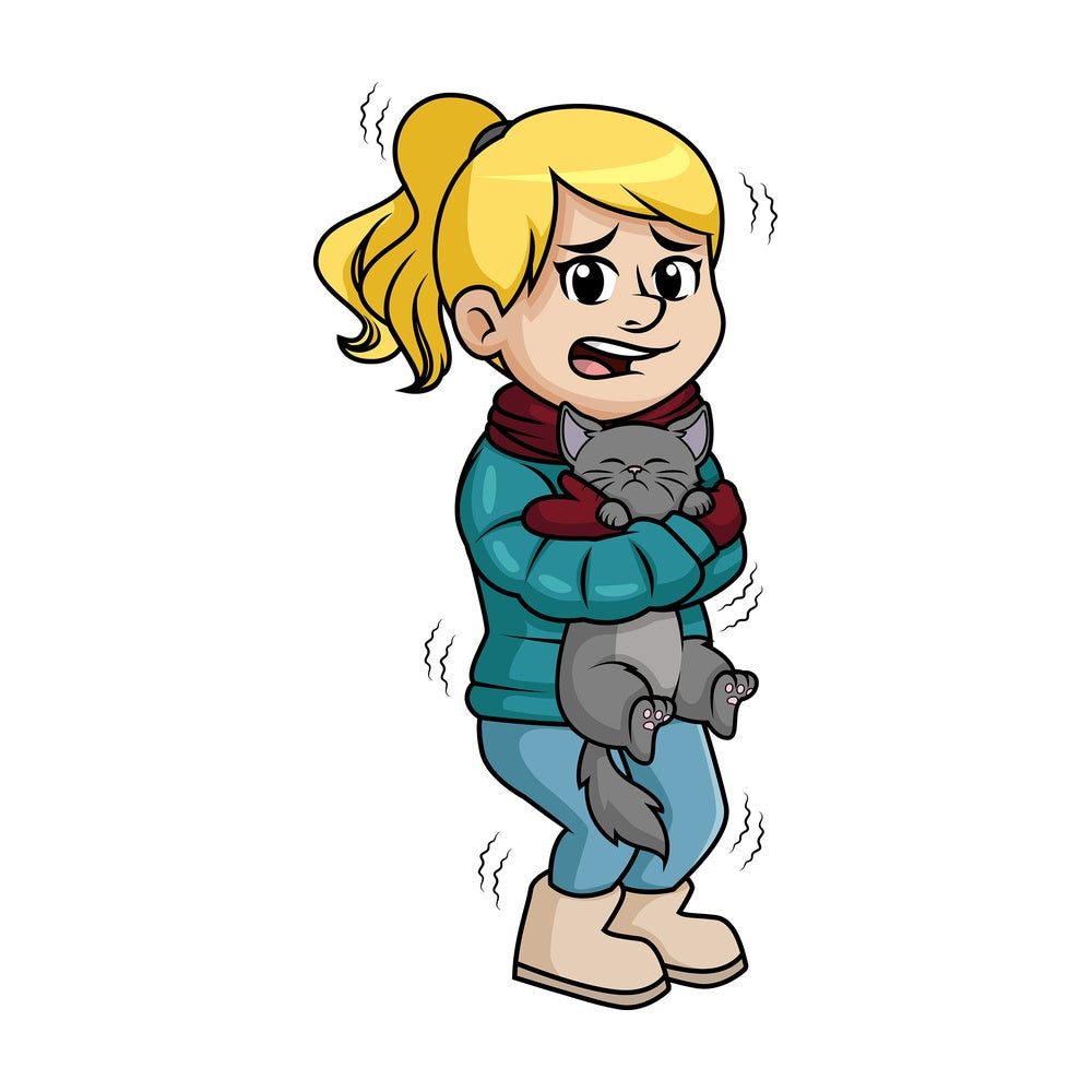 Shivering woman keeping cat warm. PNG - JPG and vector EPS (infinitely scalable).
