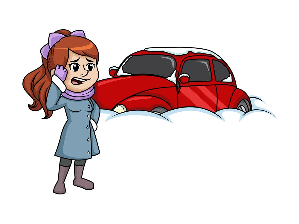 Woman shocked at her car buried in snow. PNG - JPG and vector EPS (infinitely scalable).