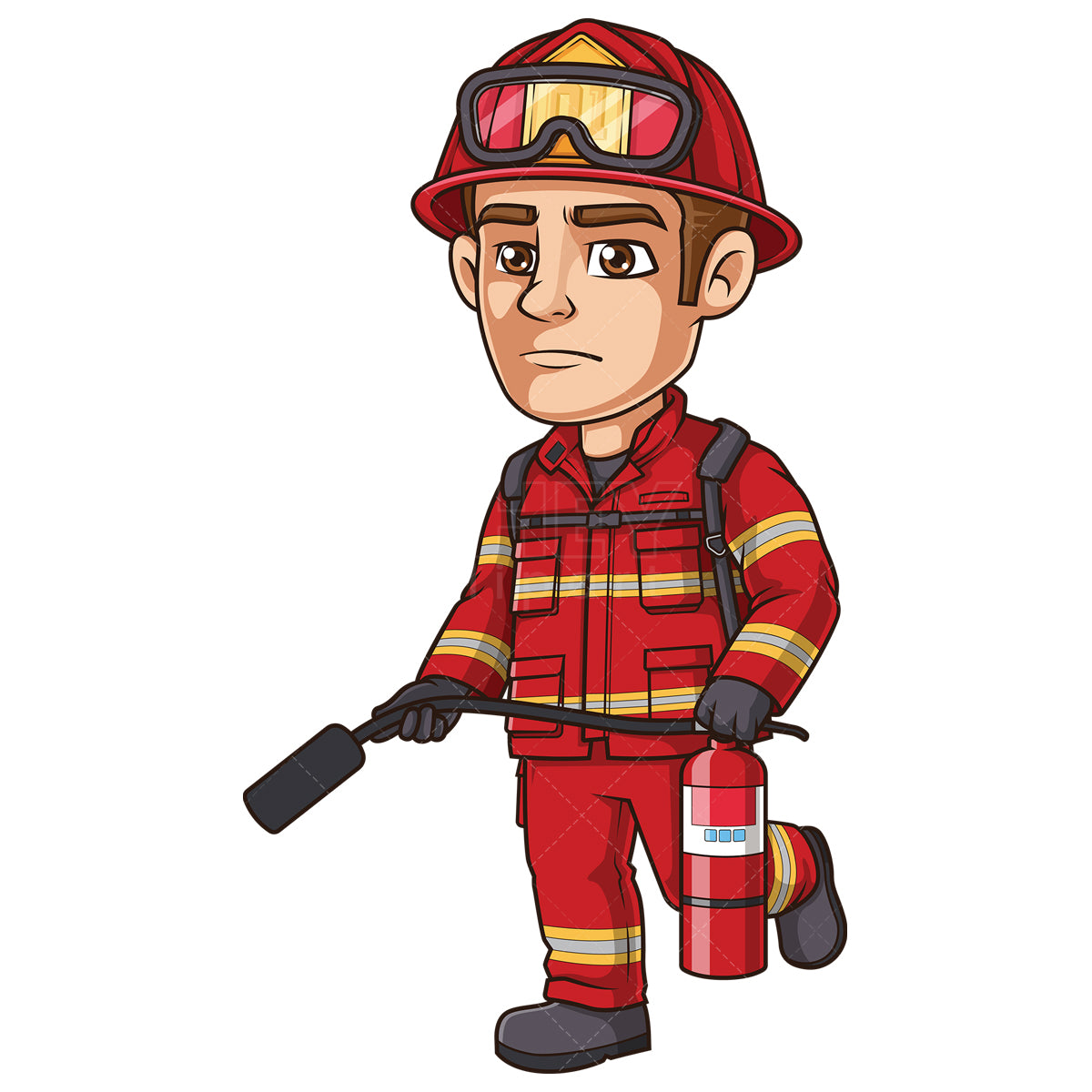 Royalty-free stock vector illustration of a firefighter holding fire extinguiser.