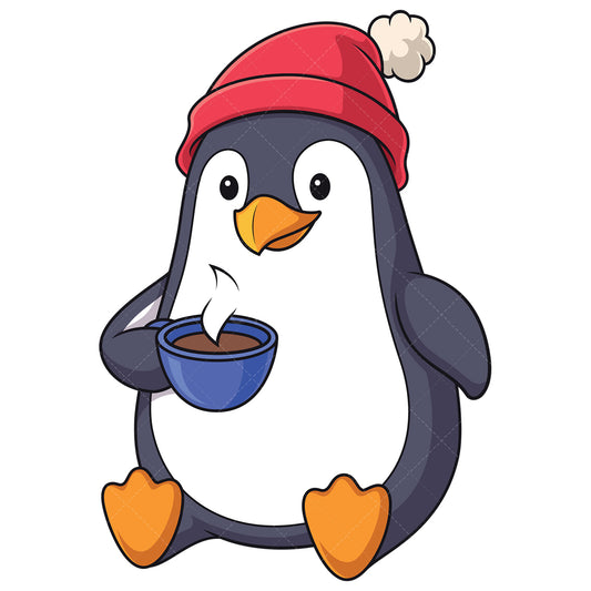 Royalty-free stock vector illustration of a winter penguin drinking coffee.