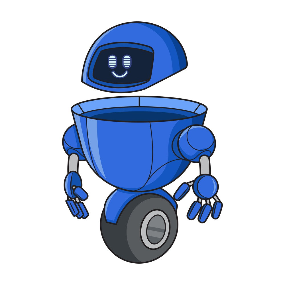 Blue robot looking happy. PNG - JPG and vector EPS (infinitely scalable).