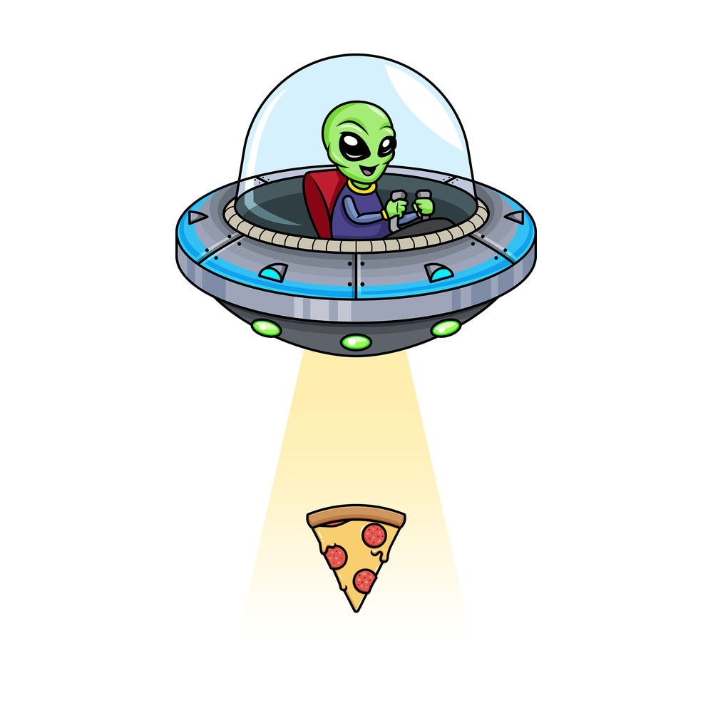 Alien kidnapping pizza slice. PNG - JPG and vector EPS (infinitely scalable).