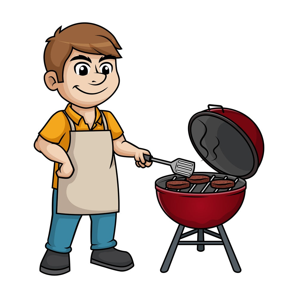 Man grilling beef burgers. PNG - JPG and vector EPS (infinitely scalable). Image isolated on transparent background.