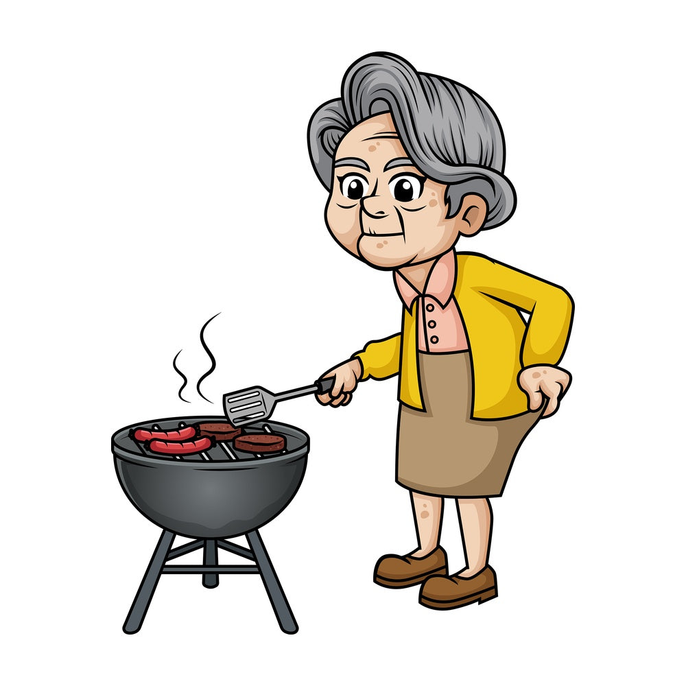 Old woman barbecuing. PNG - JPG and vector EPS (infinitely scalable). Image isolated on transparent background.