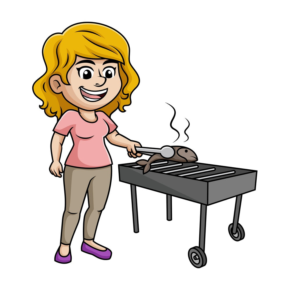 Woman grilling fish. PNG - JPG and vector EPS (infinitely scalable). Image isolated on transparent background.