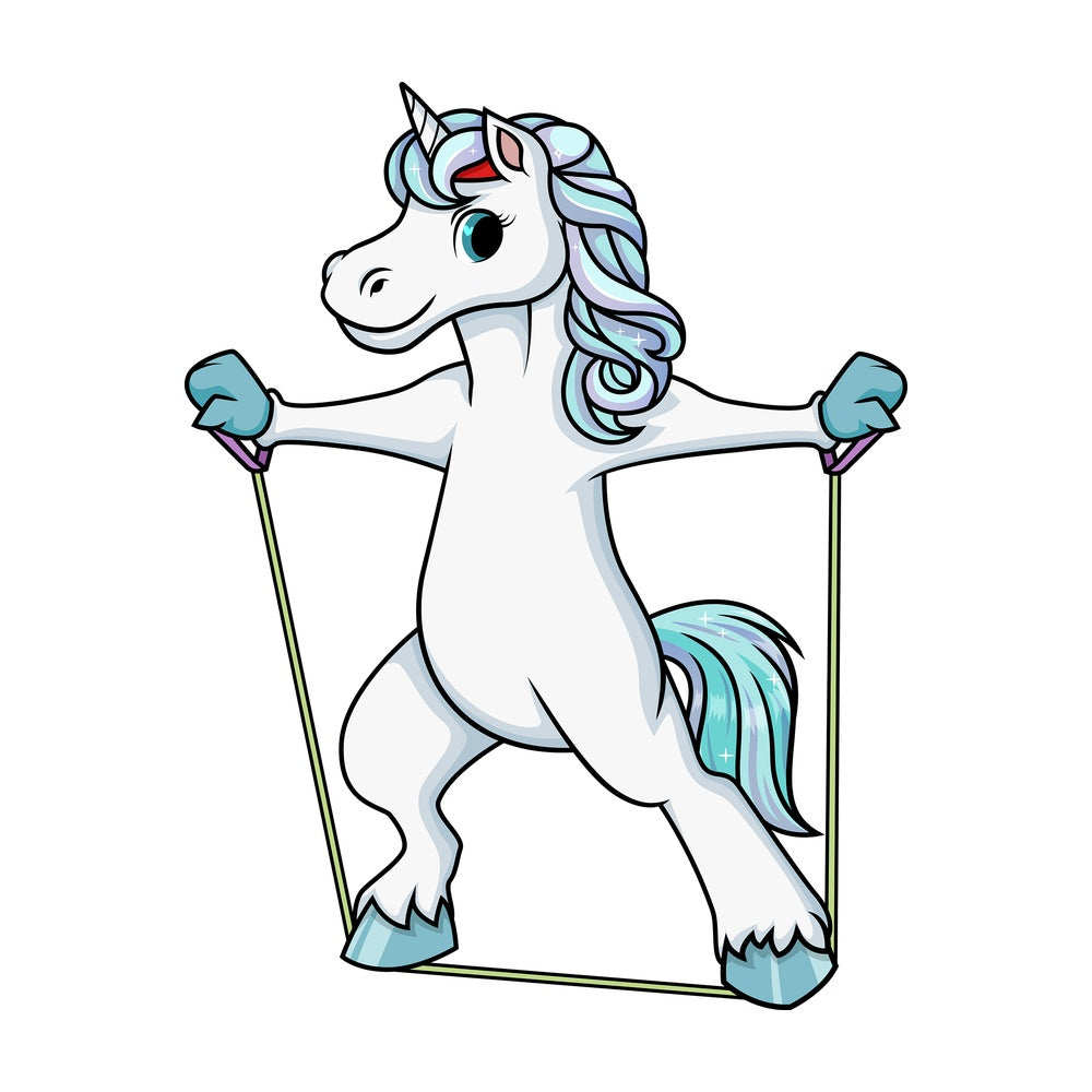 Unicorn working out with resistance bands. PNG - JPG and vector EPS (infinitely scalable).