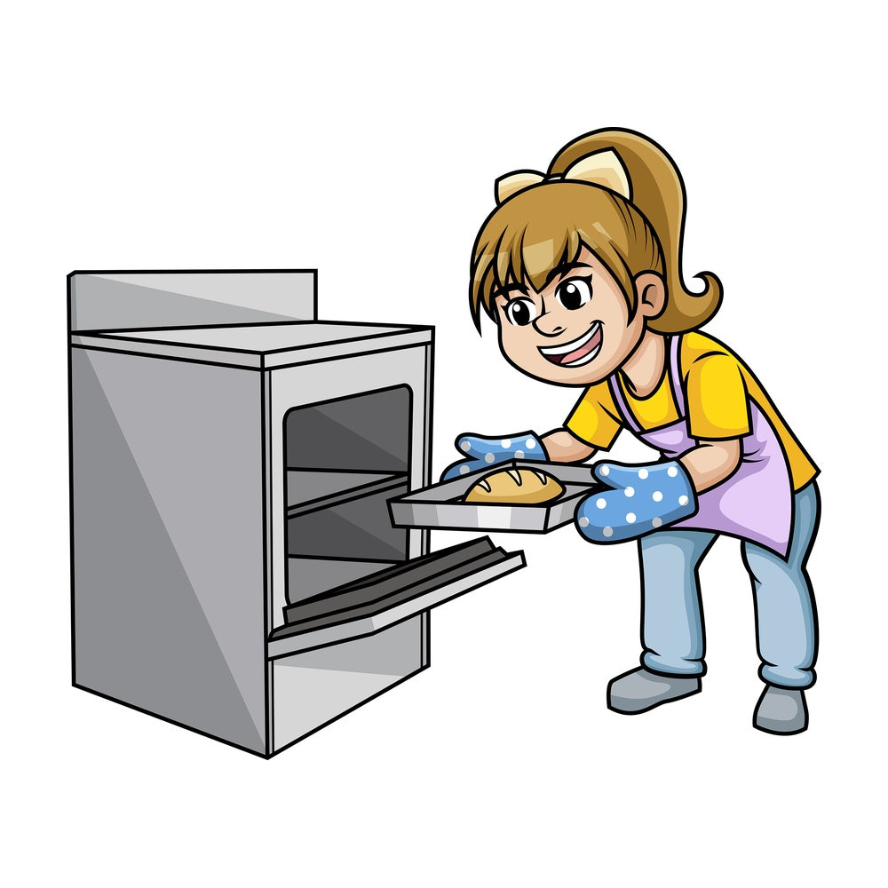 Woman removing hot tray from oven. PNG - JPG and vector EPS (infinitely scalable).