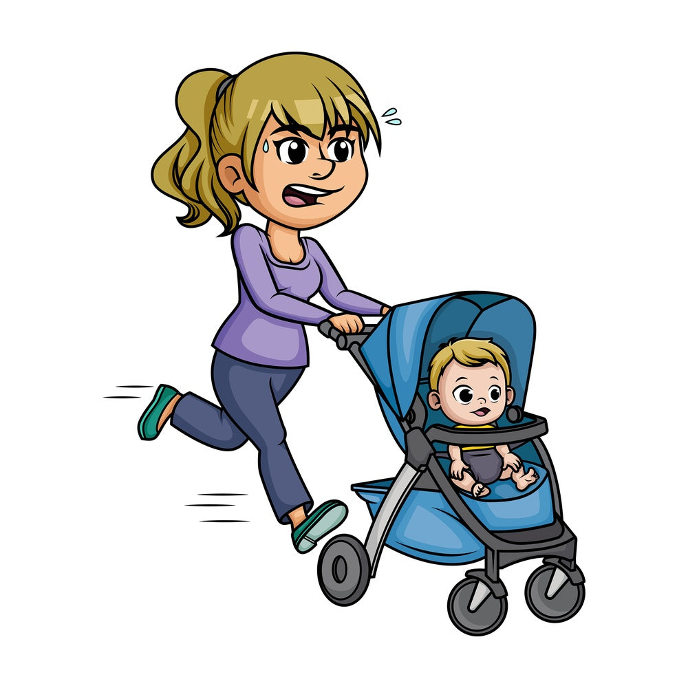 Mom running with stroller. PNG - JPG and vector EPS (infinitely scalable). Image isolated on transparent background.