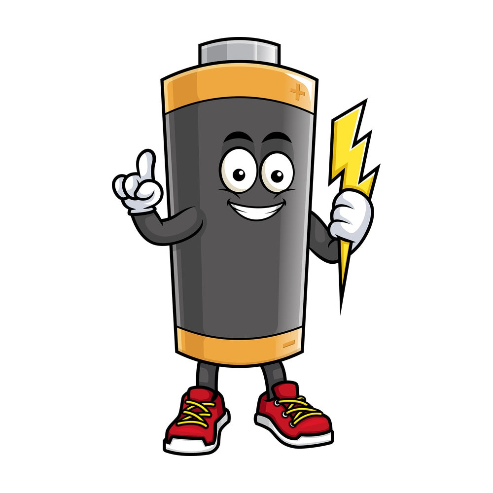 Battery mascot pointing up. PNG - JPG and vector EPS (infinitely scalable).