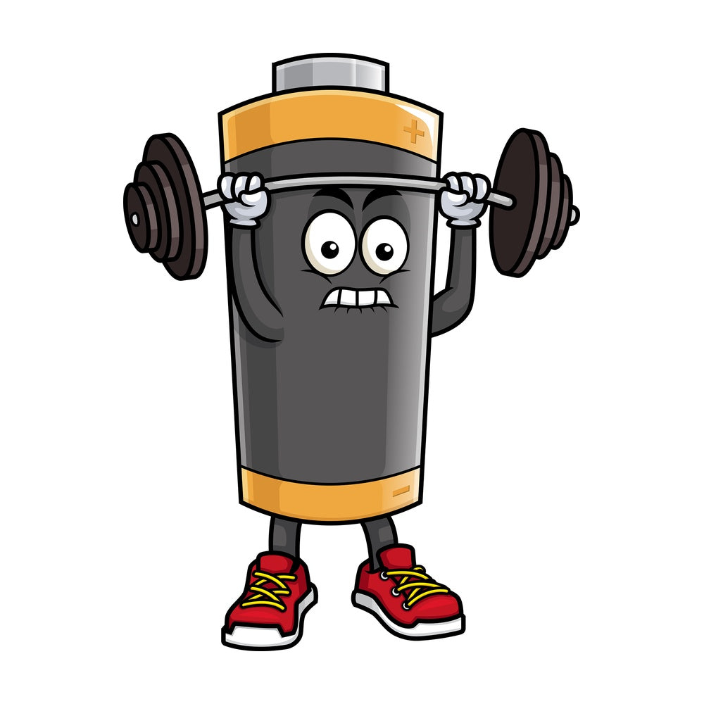 Battery mascot lifting weights. PNG - JPG and vector EPS (infinitely scalable).