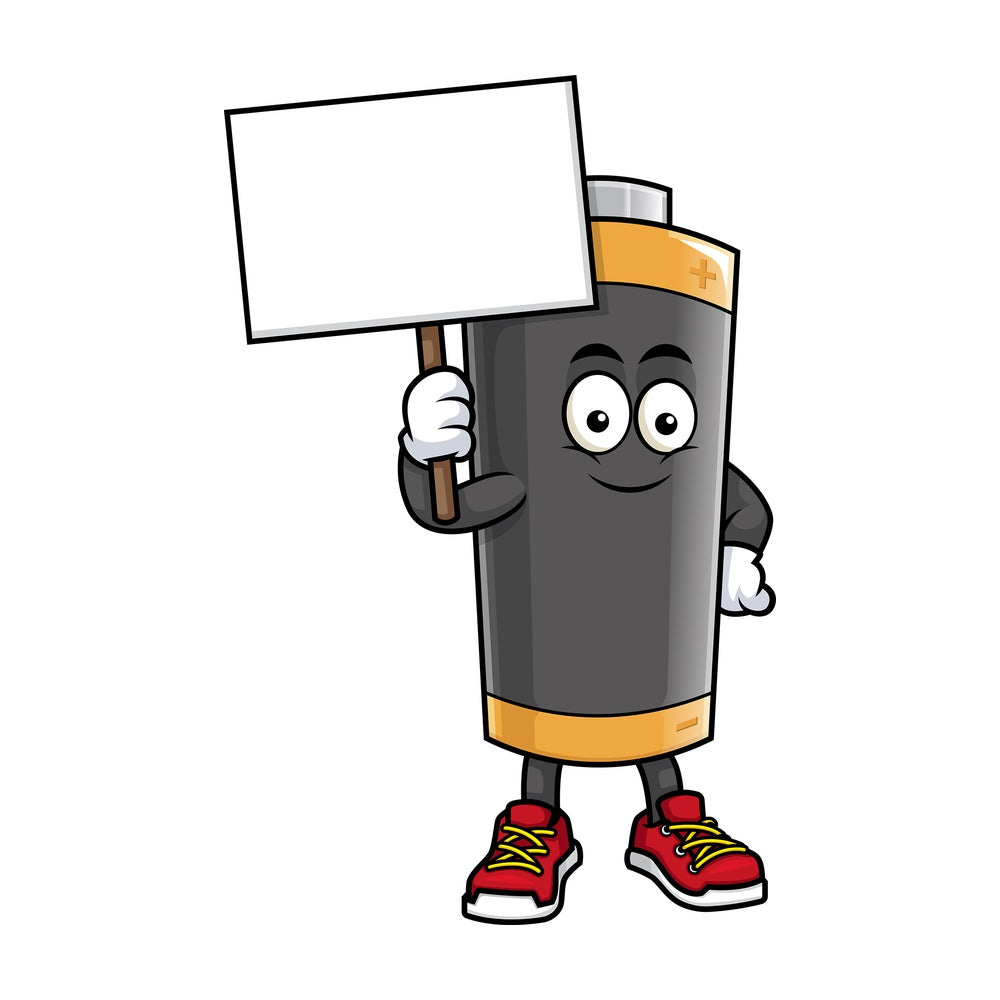 Battery mascot holding blank sign. PNG - JPG and vector EPS (infinitely scalable).