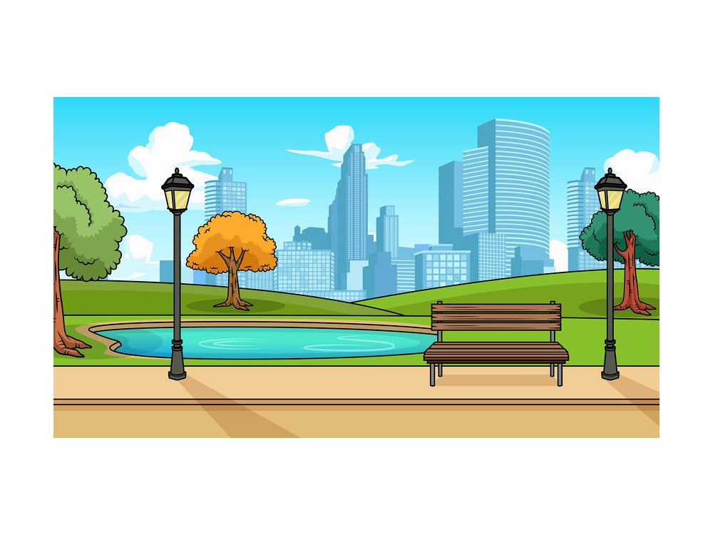 Modern city park background in 16:9 aspect ratio. PNG - JPG and vector EPS file formats (infinitely scalable).