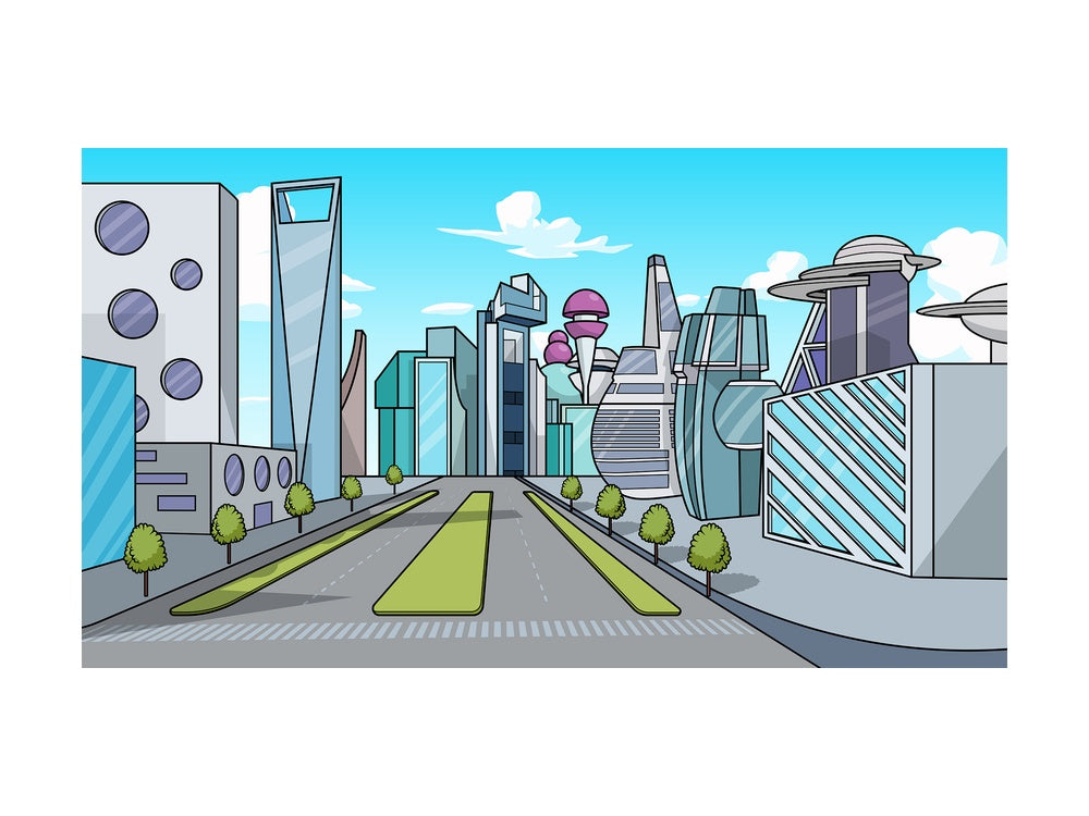 Futuristic city background in 16:9 aspect ratio. PNG - JPG and vector EPS file formats (infinitely scalable).