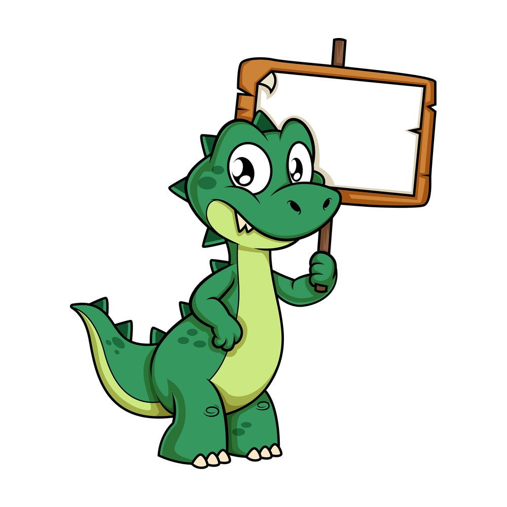 Green dinosaur holding empty sign. PNG - JPG and vector EPS (infinitely scalable).