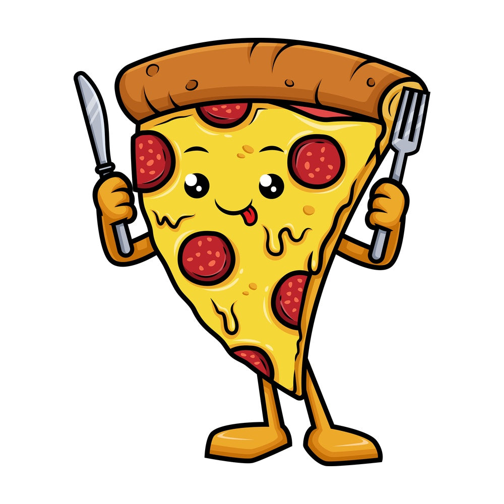 Pizza mascot holding fork and knife. PNG - JPG and vector EPS (infinitely scalable).