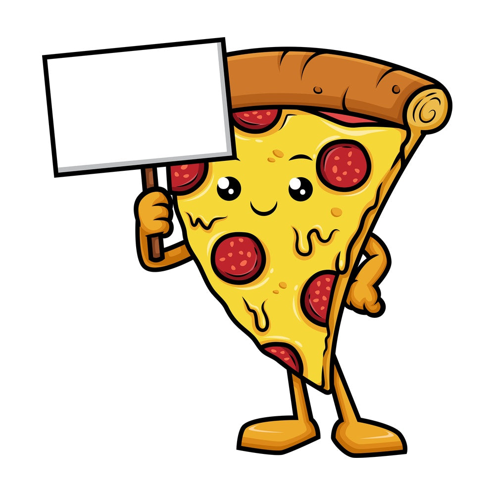 Pizza character holding blank sign. PNG - JPG and vector EPS (infinitely scalable).