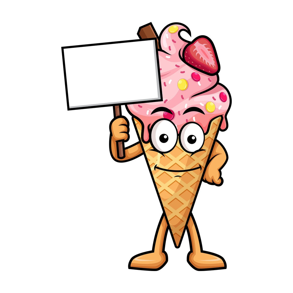 Ice cream cone holding blank sign. PNG - JPG and vector EPS (infinitely scalable).