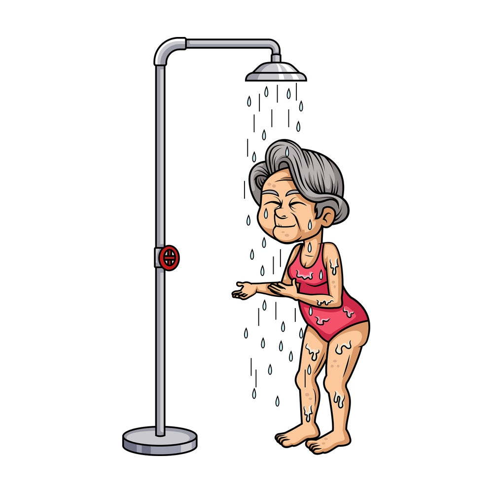Old woman taking a shower. PNG - JPG and vector EPS (infinitely scalable).