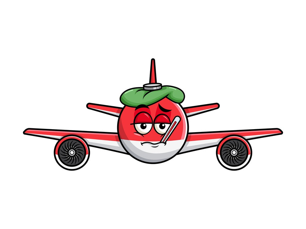 Feverish sick airplane emoticon. PNG - JPG and vector EPS file formats (infinitely scalable). Image isolated on transparent background.