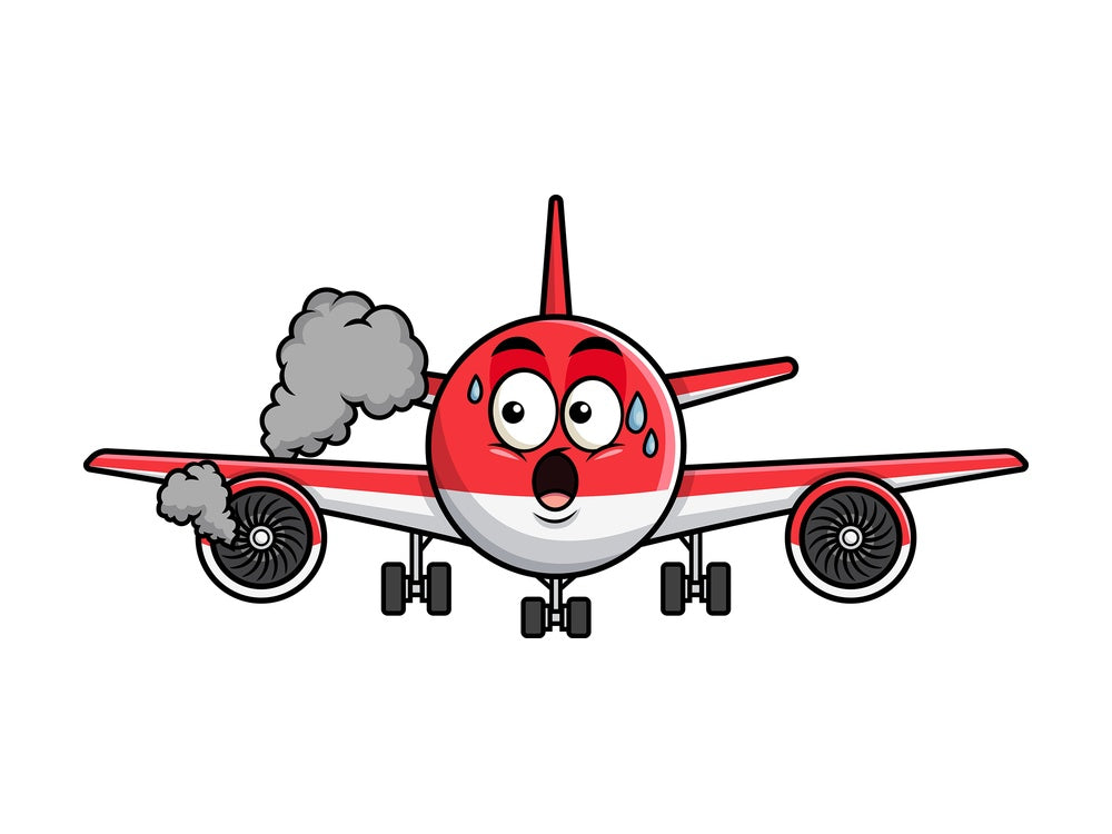 Airplane with engine on fire emoticon. PNG - JPG and vector EPS file formats (infinitely scalable). Image isolated on transparent background.