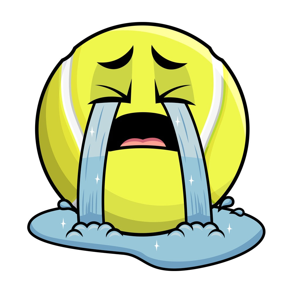 Crying with wailing tears tennis ball emoticon. PNG - JPG and vector EPS file formats (infinitely scalable). Image isolated on transparent background.