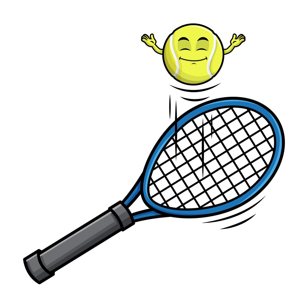 Tennis ball hopping on racket emoticon. PNG - JPG and vector EPS file formats (infinitely scalable). Image isolated on transparent background.