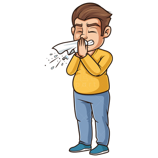 Royalty-free stock vector illustration of a chubby guy sneezing.