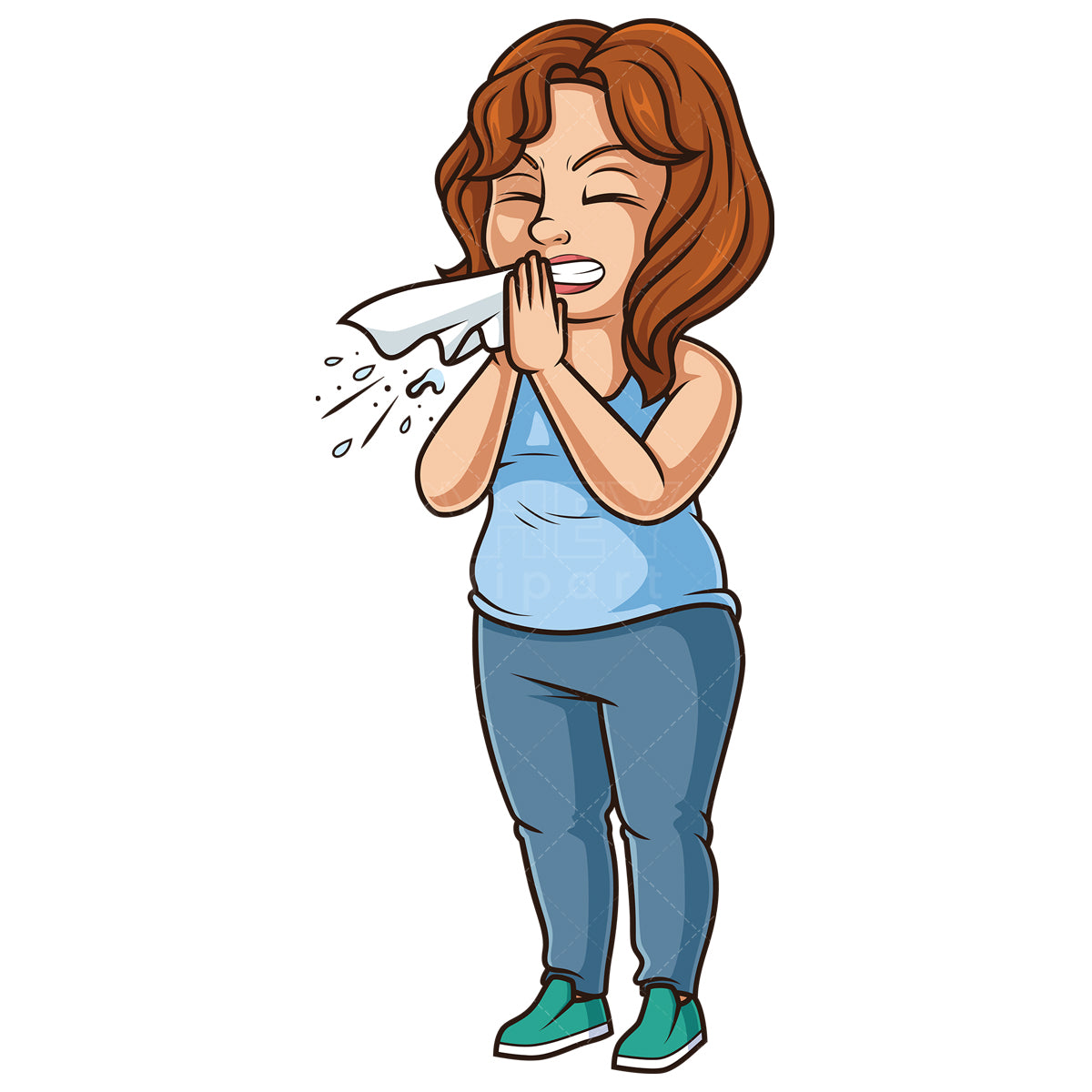 Royalty-free stock vector illustration of a chubby woman sneezing.