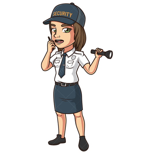 Royalty-free stock vector illustration of a female secuity guard with flashlight.