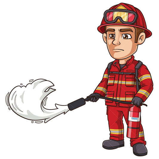 Royalty-free stock vector illustration of a firefighter using fire extinguiser.