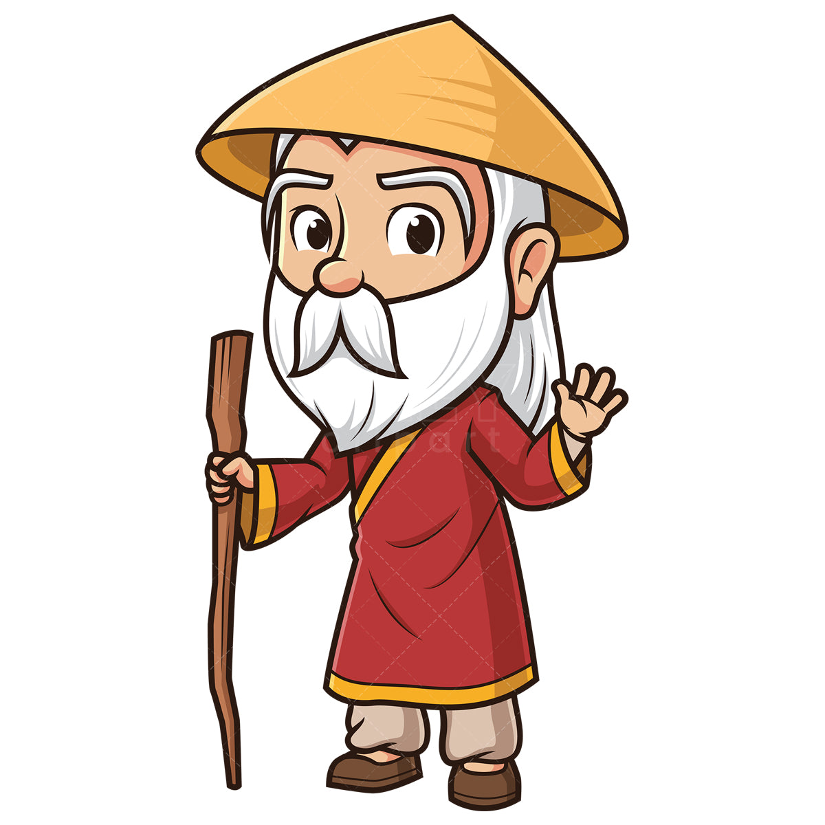 Royalty-free stock vector illustration of a wise asian man waving.